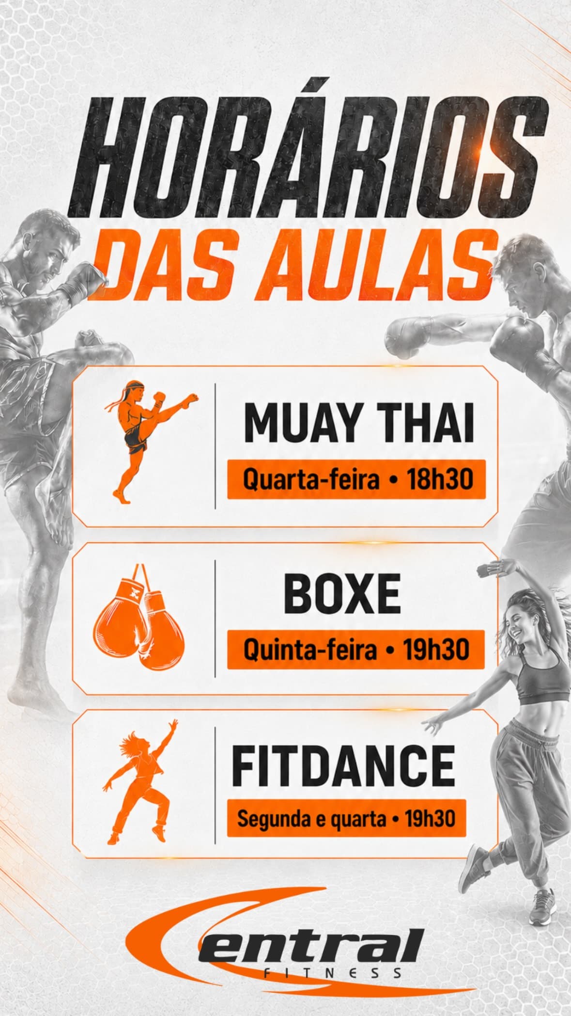 Banner com os horários das aulas de Muay Thai, Boxe e FitDance da Central Fitness
